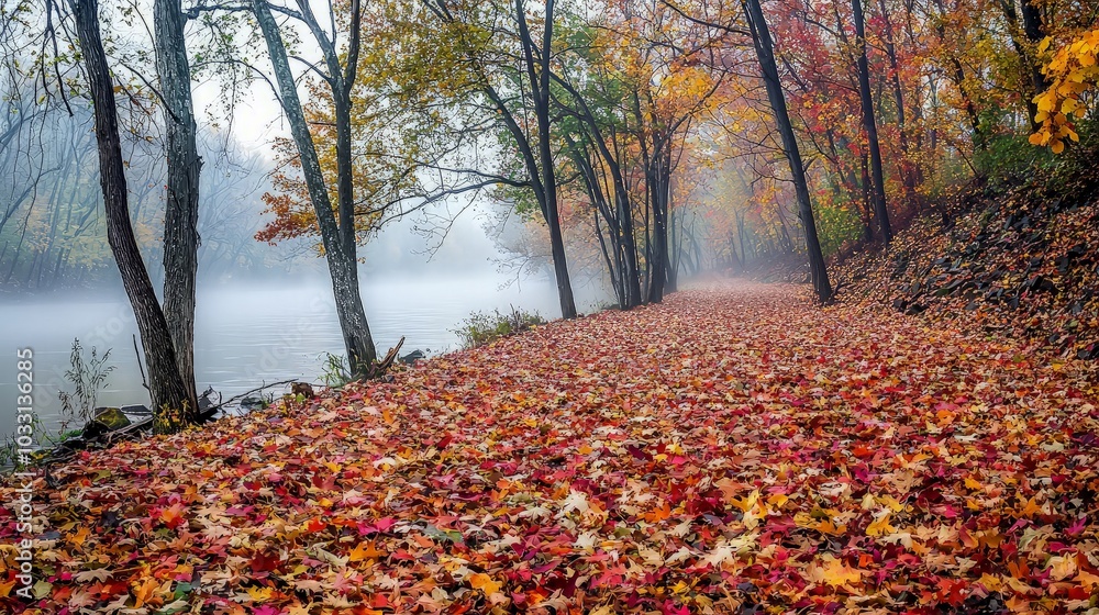 A misty autumn path along a river bank with colorful leaves scattered on the ground. A misty autumn path along a river bank with colorful leaves scattered on the ground.