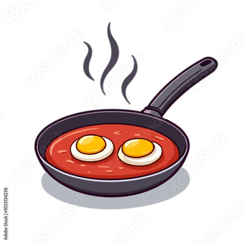 Vector frying pan with eggs in tomato sauce icon for brunch recipes