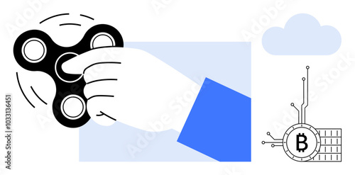 Hand holding a black fidget spinner with curved lines indicating motion. Bitcoin symbol with circuit lines to the right, alongside a cloud icon. Ideal for stress relief, technology, cryptocurrency