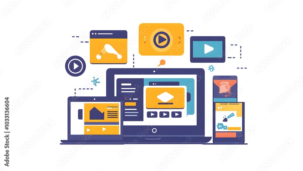 A flat vector illustration of web design and development with a laptop, tablet computer displaying an online video platform interface on the screen A flat vector illustration of web design and development with a laptop, tablet computer displaying an online video platform interface on the screen