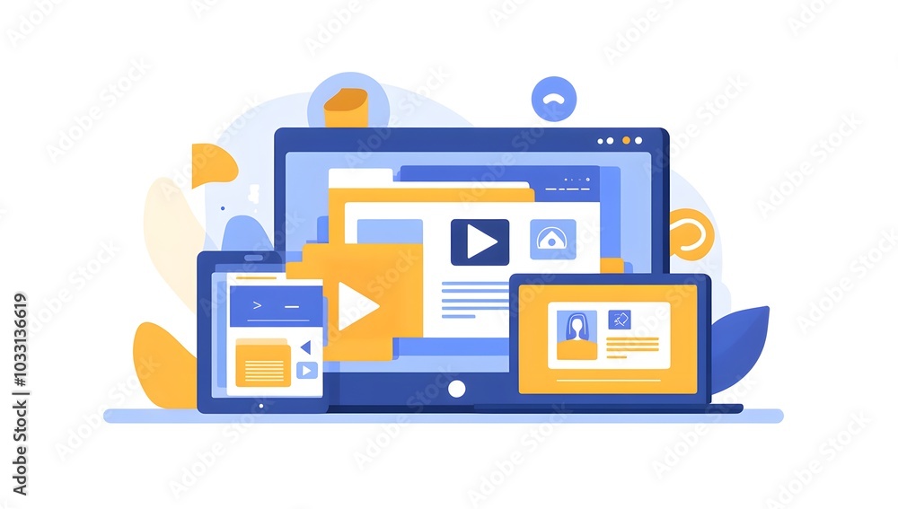 A flat vector illustration of web design and development with a laptop, tablet computer displaying an online video platform interface on the screen A flat vector illustration of web design and development with a laptop, tablet computer displaying an online video platform interface on the screen