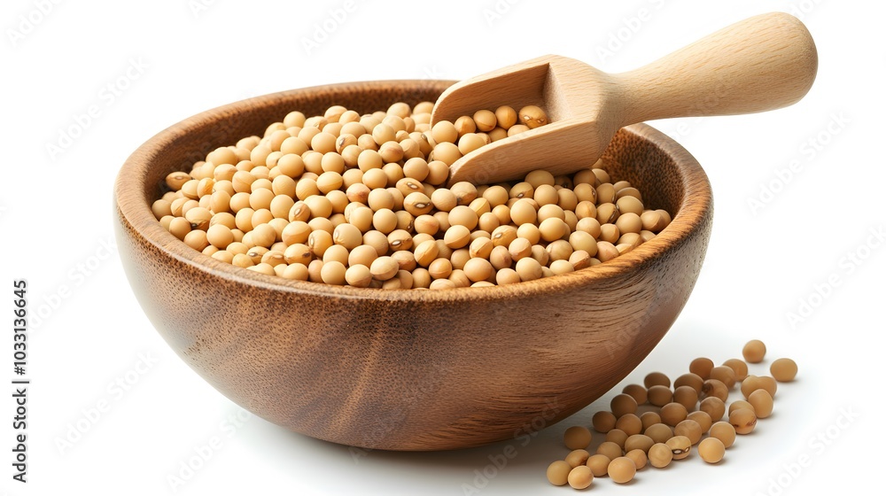 Closeup soy beans in wooden bowl and scoop isolated on white background. Closeup soy beans in wooden bowl and scoop isolated on white background.