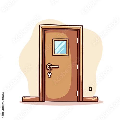 Wooden door with window, home entrance illustration