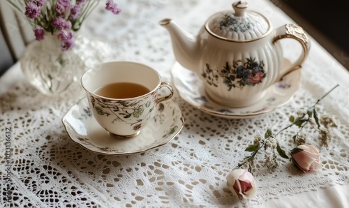 Wallpaper Mural Teacup, teapot, roses and lace tablecloth. Torontodigital.ca