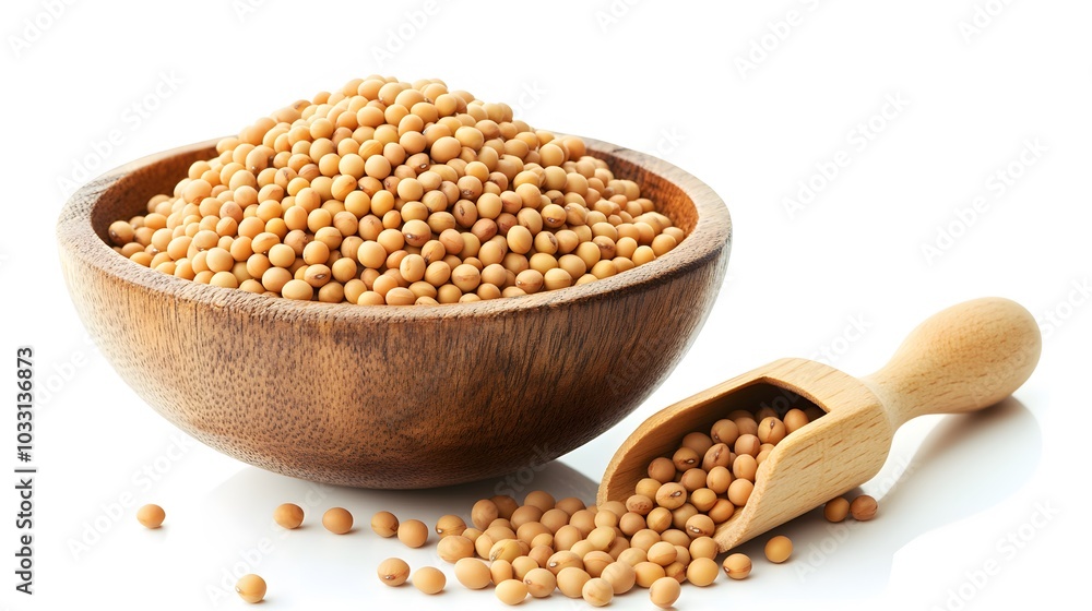 Closeup soy beans in wooden bowl and scoop isolated on white background. Closeup soy beans in wooden bowl and scoop isolated on white background.