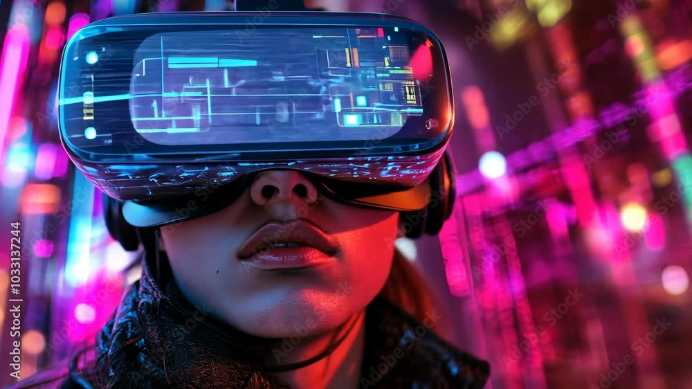 A person wearing a virtual reality headset stands in a brightly lit city, exploring a digital world A person wearing a virtual reality headset stands in a brightly lit city, exploring a digital world