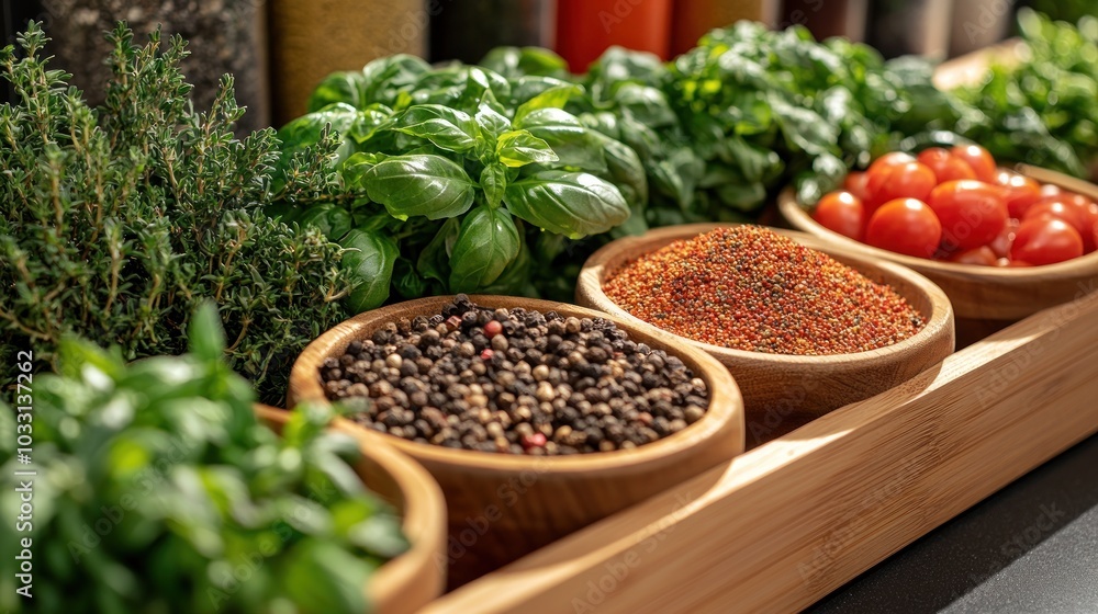 A vibrant display of fresh herbs and spices in wooden bowls for culinary use. A vibrant display of fresh herbs and spices in wooden bowls for culinary use.