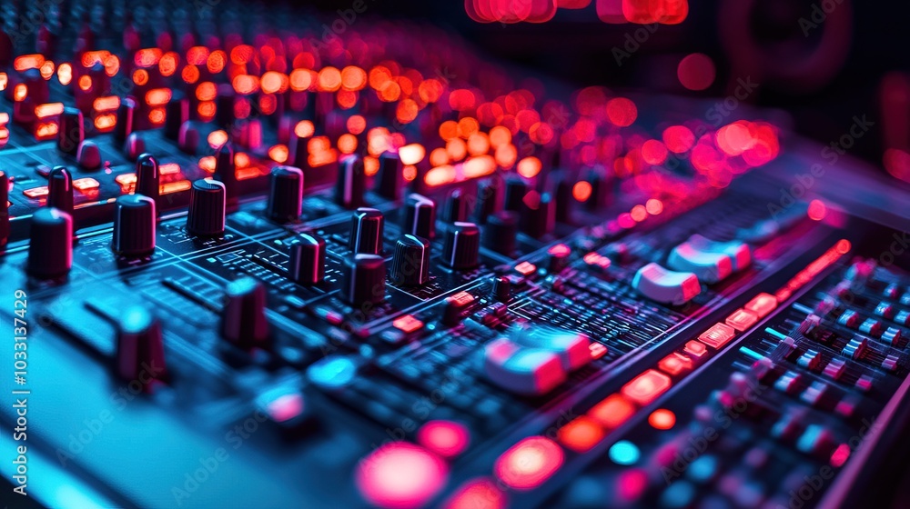 Close-up of a sound mixer with red and blue lights in the background Close-up of a sound mixer with red and blue lights in the background