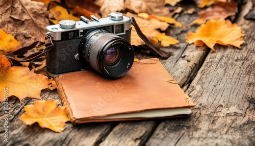 Vintage Camera and Notebook with Autumn Leaves on Rustic Table