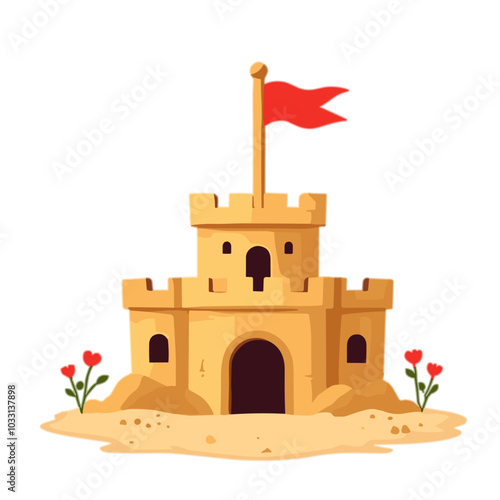 Vector sand castle illustration, beach fun icon