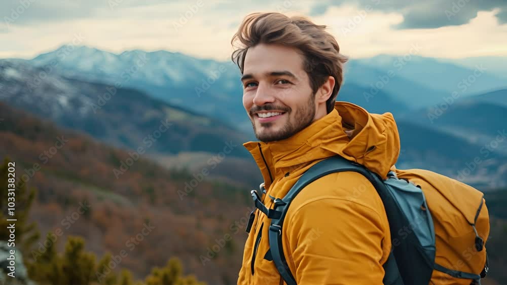 Handsome man enjoying a scenic mountain hike, taking in the view with a contented smile Handsome man enjoying a scenic mountain hike, taking in the view with a contented smile