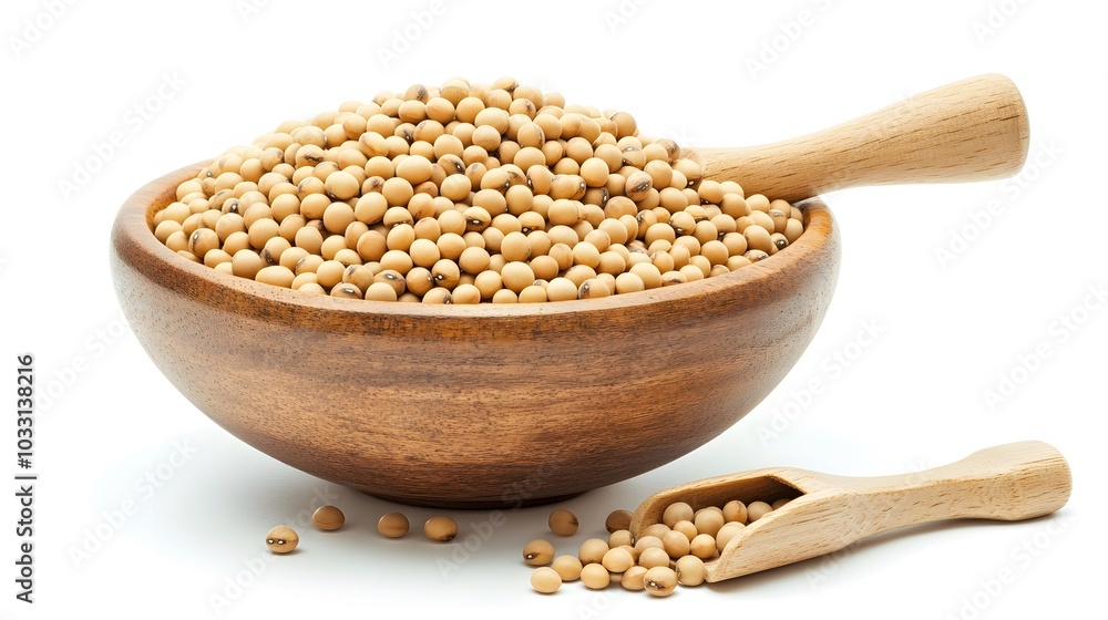 Closeup soy beans in wooden bowl and scoop isolated on white background. Closeup soy beans in wooden bowl and scoop isolated on white background.