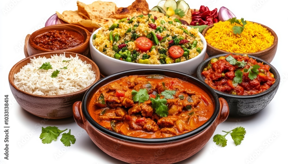 Assorted Indian Dishes Including Curry, Rice, and Salad Assorted Indian Dishes Including Curry, Rice, and Salad