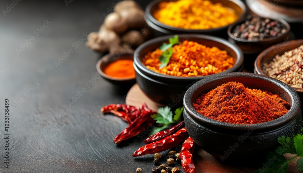 Variety of Colorful Spices in Wooden Bowls on Dark Background Variety of Colorful Spices in Wooden Bowls on Dark Background