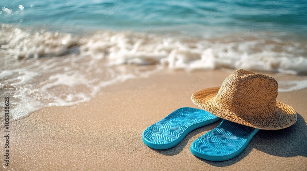 Flip flops, straw hat, on sand background. Beach vacation concept Flip flops, straw hat, on sand background. Beach vacation concept