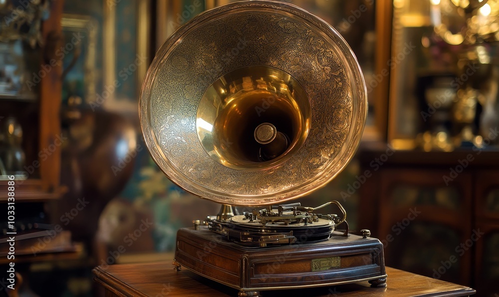 Antique gramophone with ornate brass horn. Antique gramophone with ornate brass horn.