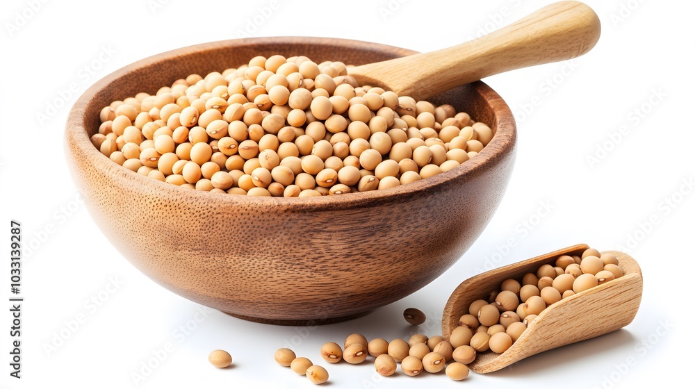 Closeup soy beans in wooden bowl and scoop isolated on white background. Closeup soy beans in wooden bowl and scoop isolated on white background.