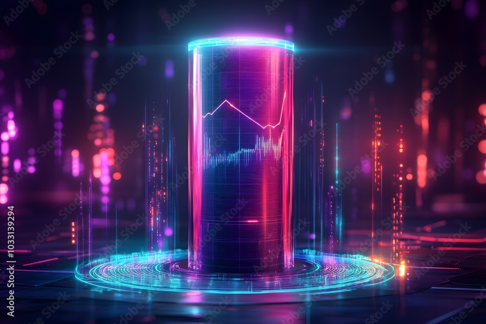 Fototapeta premium A futuristic cylinder with data visualizations and graphs on it, set against an abstract digital background with glowing elements and holographic displays around the sides.