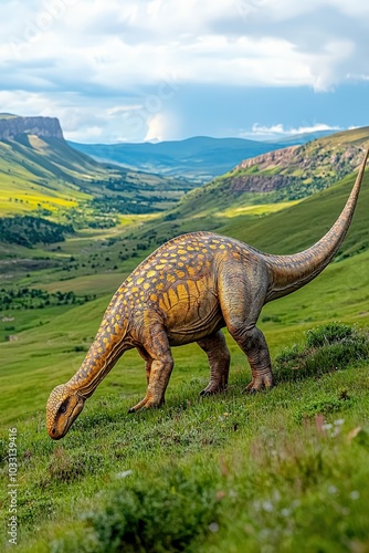 Shunosaurus with a clubbed tail grazing isolated on a light green valley background. photo