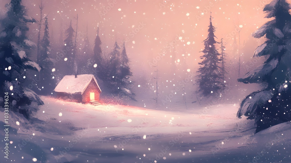 Obraz premium A tranquil winter landscape with softly falling snow, trees lightly dusted with white, and a warm cabin glowing in the distance, inviting a sense of peace and coziness. illustration