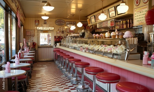 Retro diner with ice cream display and red stools.