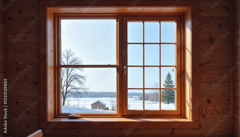 Snowy landscape view through wooden cabin window in winter Snowy landscape view through wooden cabin window in winter