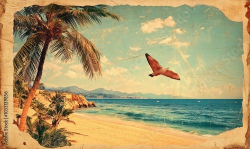 Fototapeta Naklejka Na Ścianę i Meble -  Palm trees, beach, ocean, bird, vintage postcard.