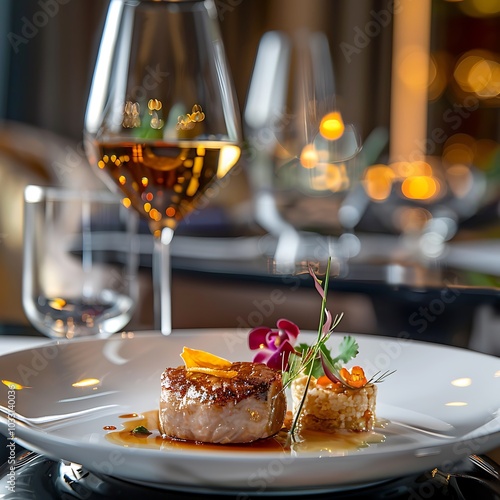 Salmon carpaccio served on a white plate in a restaurant photo