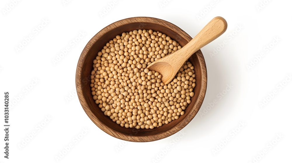Closeup soy beans in wooden bowl and scoop isolated on white background. Closeup soy beans in wooden bowl and scoop isolated on white background.