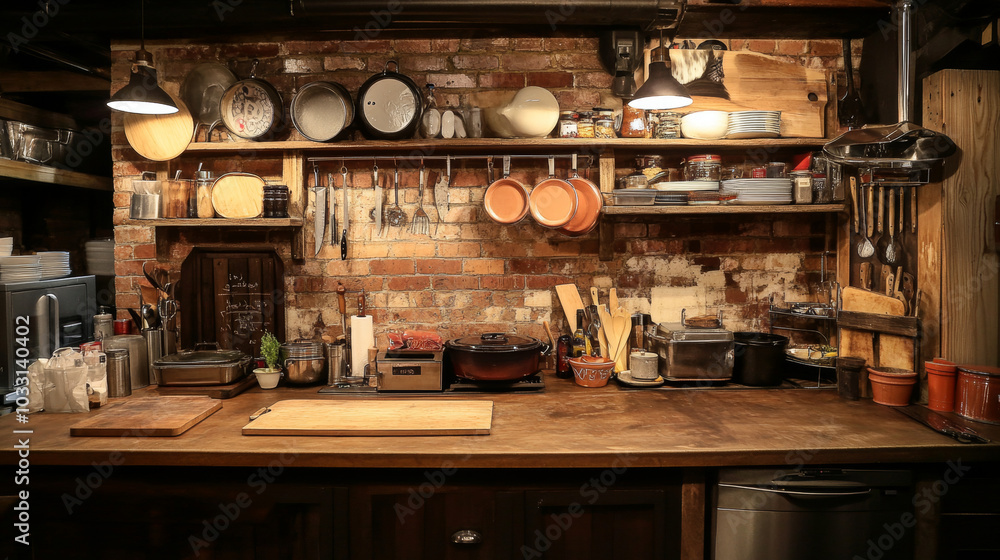 Set the scene in a warm, inviting kitchen with tools like pots, pans, knives, and cutting boards. Incorporate rustic elements like wooden countertops or brick walls for a cozy atmosphere. Set the scene in a warm, inviting kitchen with tools like pots, pans, knives, and cutting boards. Incorporate rustic elements like wooden countertops or brick walls for a cozy atmosphere.