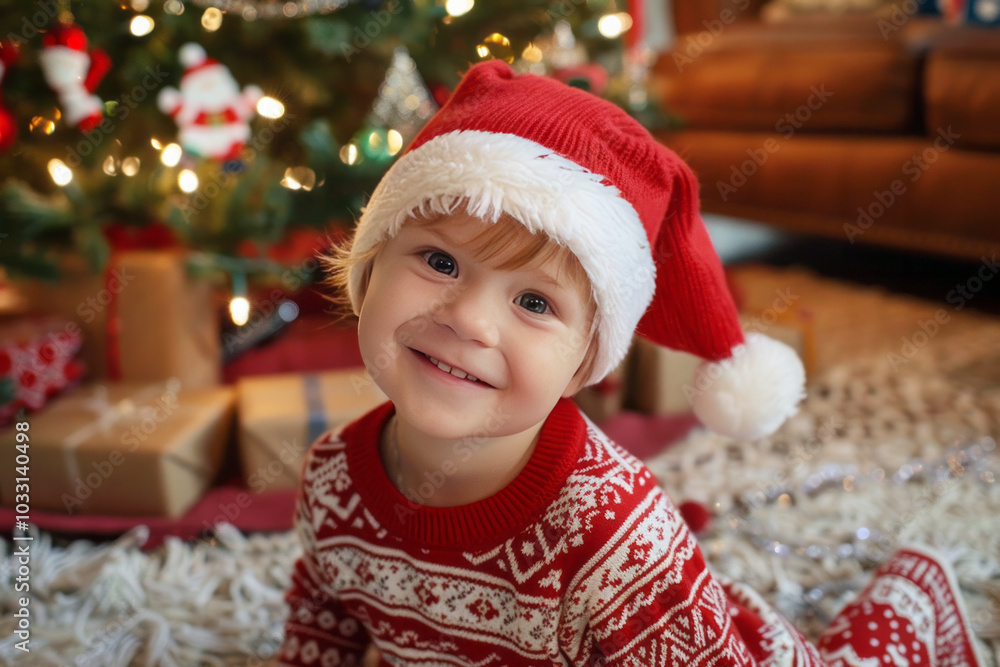 A little kid boy wearing a red and white sweater and santa hat sitting on the floor near the Christmas tree with a giftboxes. AI generative A little kid boy wearing a red and white sweater and santa hat sitting on the floor near the Christmas tree with a giftboxes. AI generative