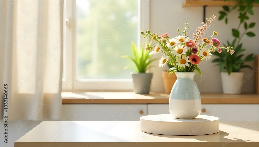 A kitchen tabletop with curtains on a window background for showcasing products A kitchen tabletop with curtains on a window background for showcasing products
