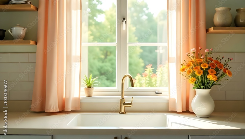 A kitchen tabletop with curtains on a window background for showcasing products A kitchen tabletop with curtains on a window background for showcasing products
