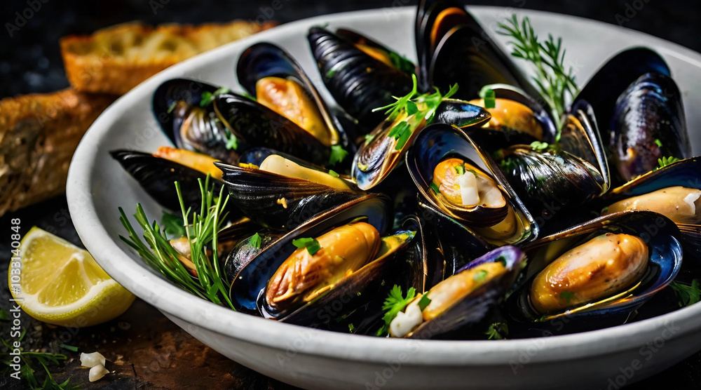 Gourmet mussels seafood dish fresh ingredients marine cuisine restaurant presentation on wooden table Gourmet mussels seafood dish fresh ingredients marine cuisine restaurant presentation on wooden table