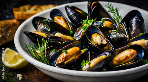 Gourmet mussels seafood dish fresh ingredients marine cuisine restaurant presentation on wooden table