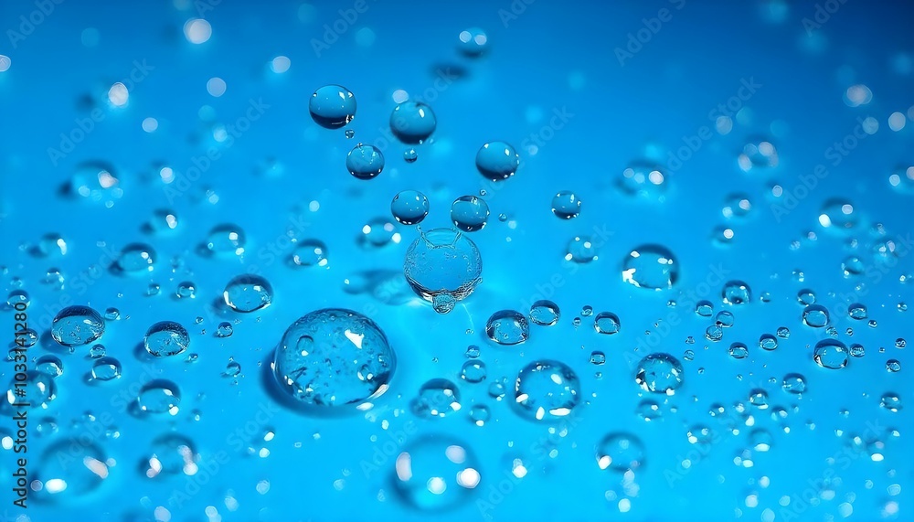 Drops of water on a blue backdrop with texture featuring lifelike microdroplets Drops of water on a blue backdrop with texture featuring lifelike microdroplets