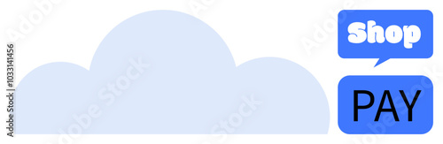 A blue cloud shape with blue buttons labeled Shop and PAY. Ideal for themes related to online shopping, ecommerce, cloud services, digital payments, and internet technology. Clean digital art style