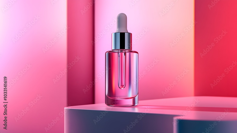 Glass Dropper Bottle with Pink Liquid on a White Platform Glass Dropper Bottle with Pink Liquid on a White Platform