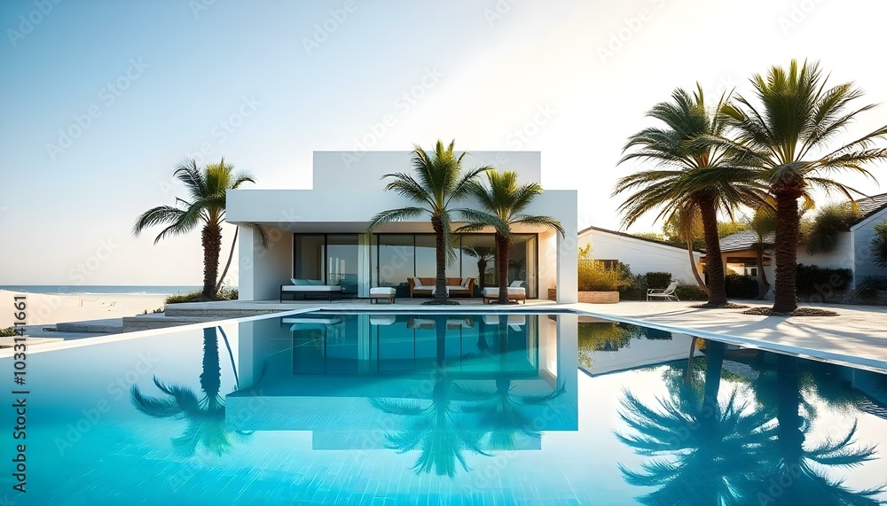 Fototapeta premium A modern villa with a large swimming pool surrounded by palm trees
