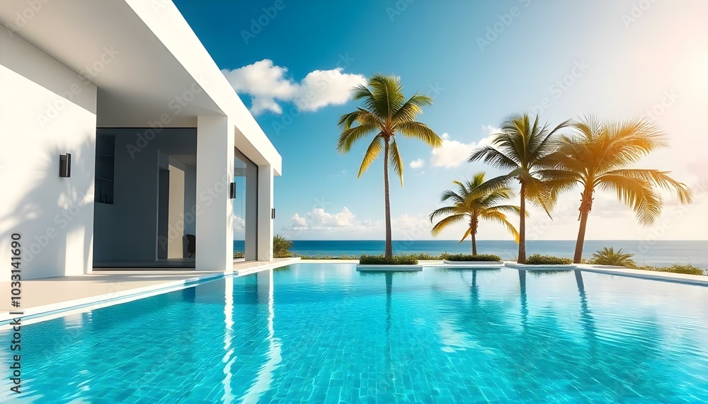 Fototapeta premium A modern villa with a large swimming pool surrounded by palm trees