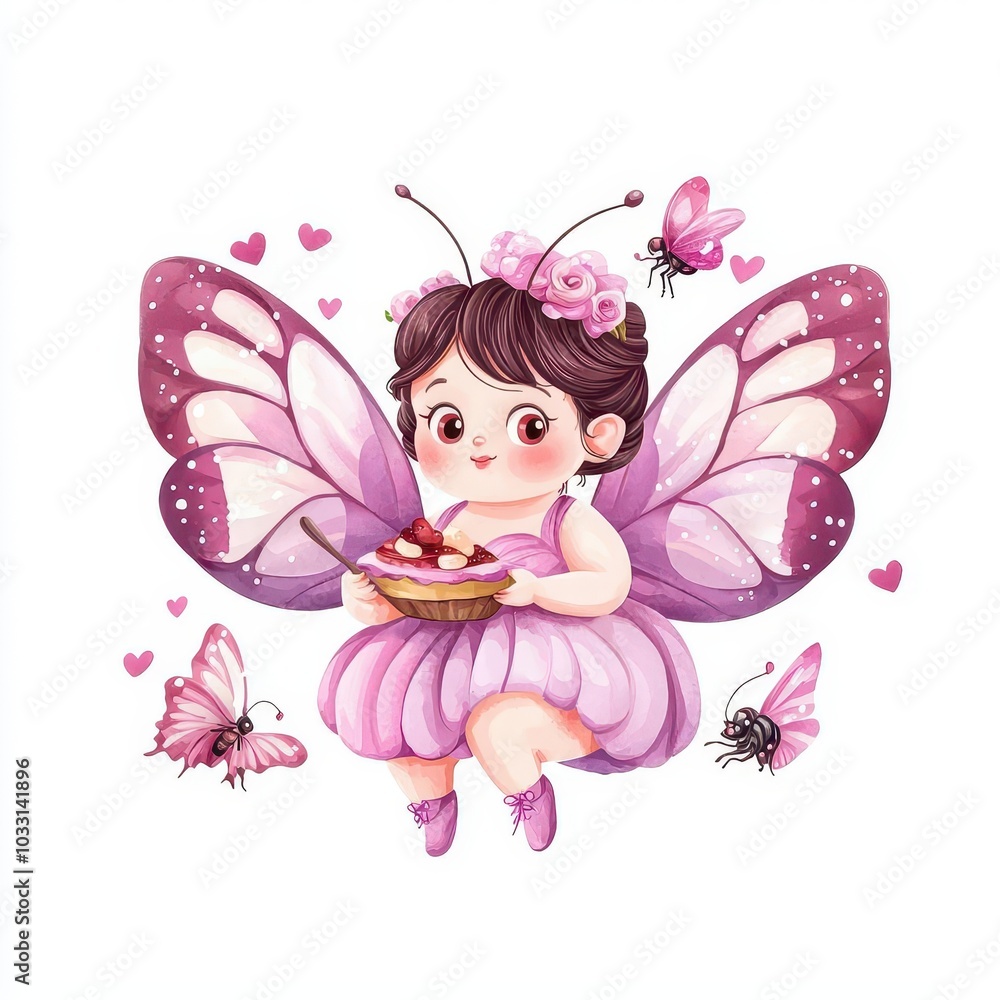 Cute fairy holding a dessert, white isolate background Cute fairy holding a dessert, white isolate background