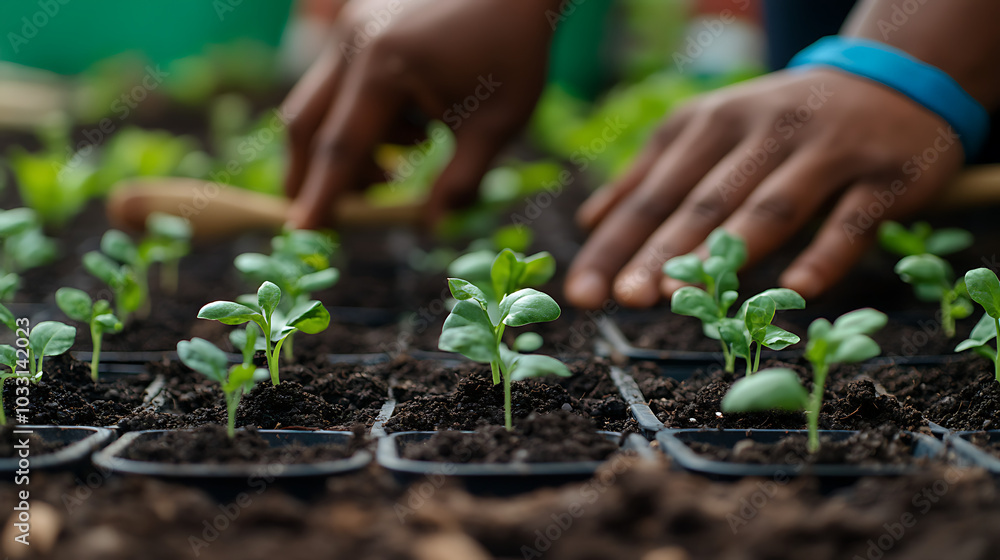 A close-up of hands planting small seedlings in rows, with garden tools and rich soil in the background, showcasing sustainable gardening practices A close-up of hands planting small seedlings in rows, with garden tools and rich soil in the background, showcasing sustainable gardening practices