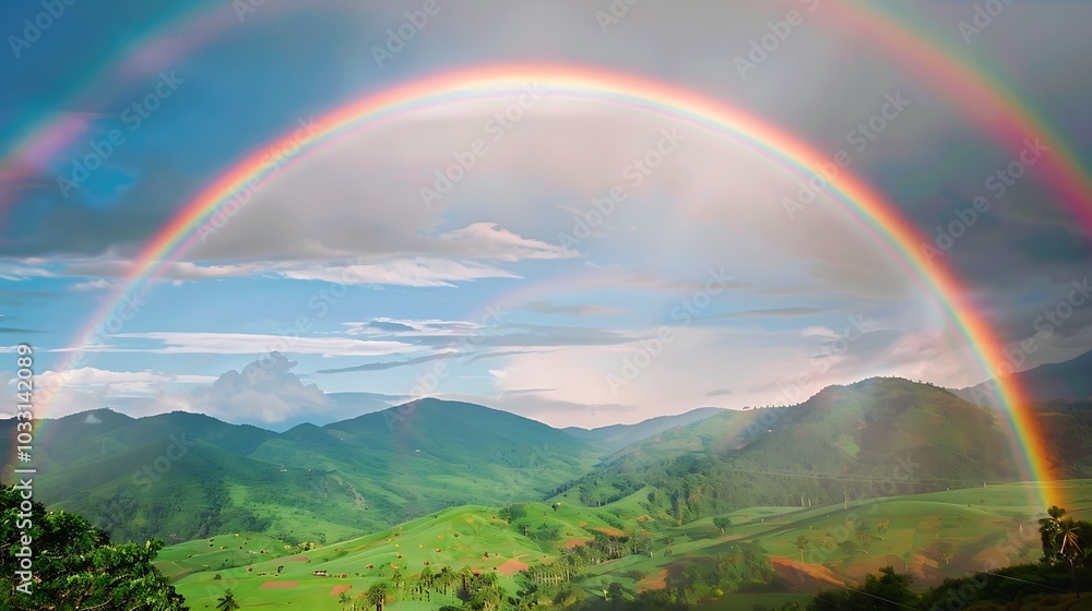Bright rainbow arching over a lush green valley Bright rainbow arching over a lush green valley