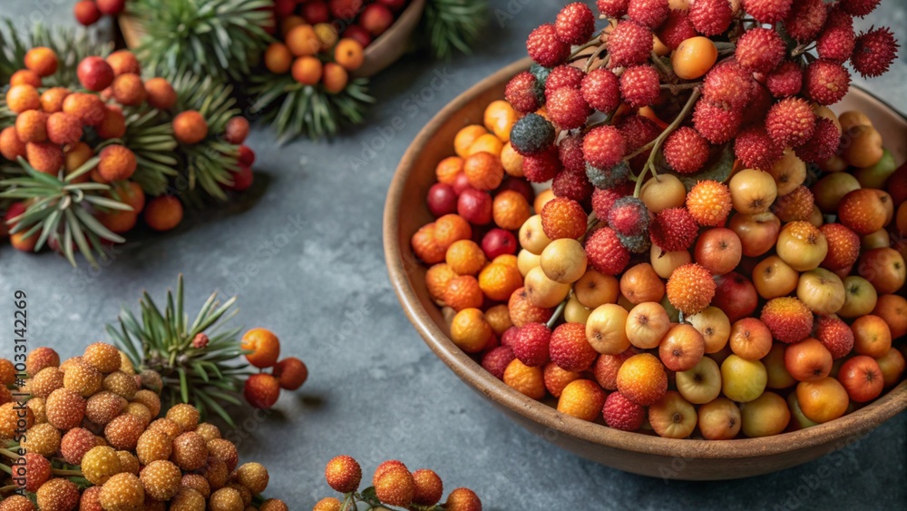 A wooden bowl filled with red, orange, and yellow berries surrounded by sprigs of berries on a gray background. A wooden bowl filled with red, orange, and yellow berries surrounded by sprigs of berries on a gray background.