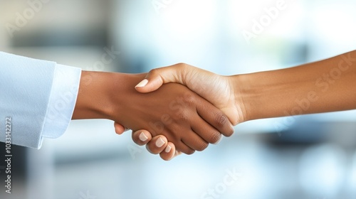 Two diverse businesspeople shaking hands, symbolizing partnership, agreement, and success.