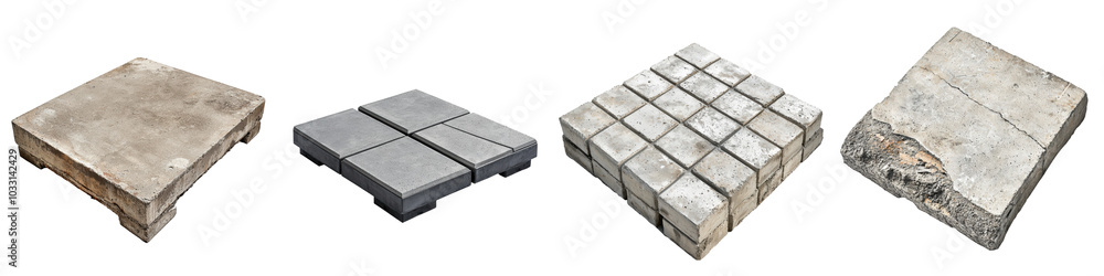 Four distinct paving stones displayed on a transparent background, showcasing various textures and colors perfect for landscaping designs. Four distinct paving stones displayed on a transparent background, showcasing various textures and colors perfect for landscaping designs.