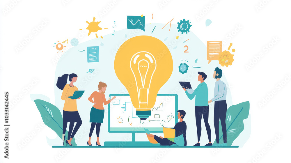 Show multiple individuals collaborating, brainstorming, and sharing ideas, whether on a whiteboard or through digital devices, highlighting teamwork in the innovation process. Show multiple individuals collaborating, brainstorming, and sharing ideas, whether on a whiteboard or through digital devices, highlighting teamwork in the innovation process.
