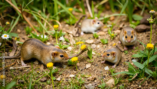 Amidst the wild meadow, a packrat scurries along with its muroidea kin, while a solitary grasshopper mouse and a curious dormouse peer out from their ground homes, showcasing the diverse and captivat photo