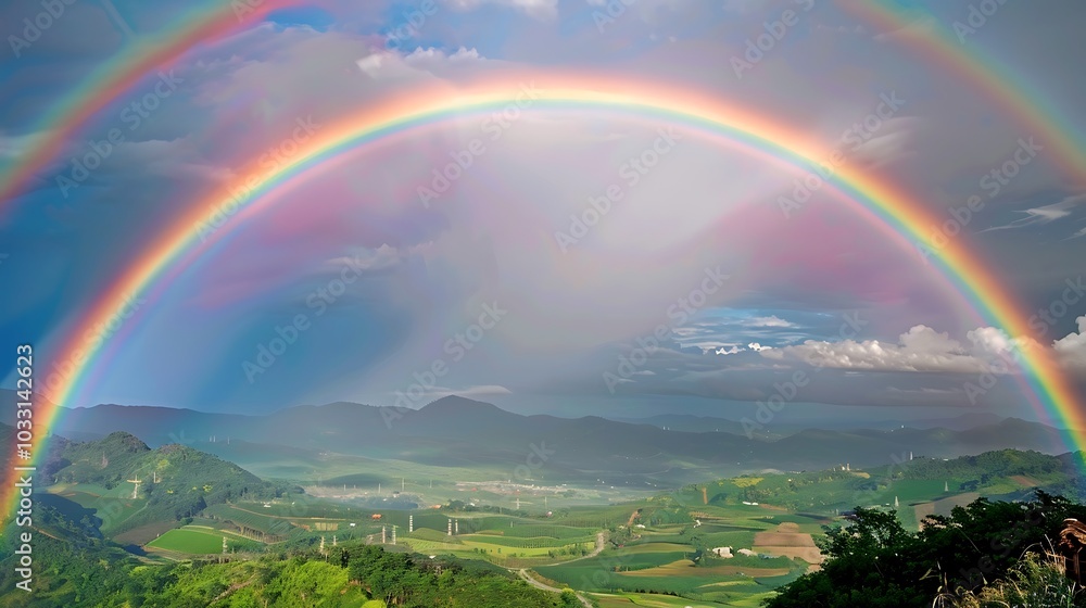 Bright rainbow arching over a lush green valley Bright rainbow arching over a lush green valley