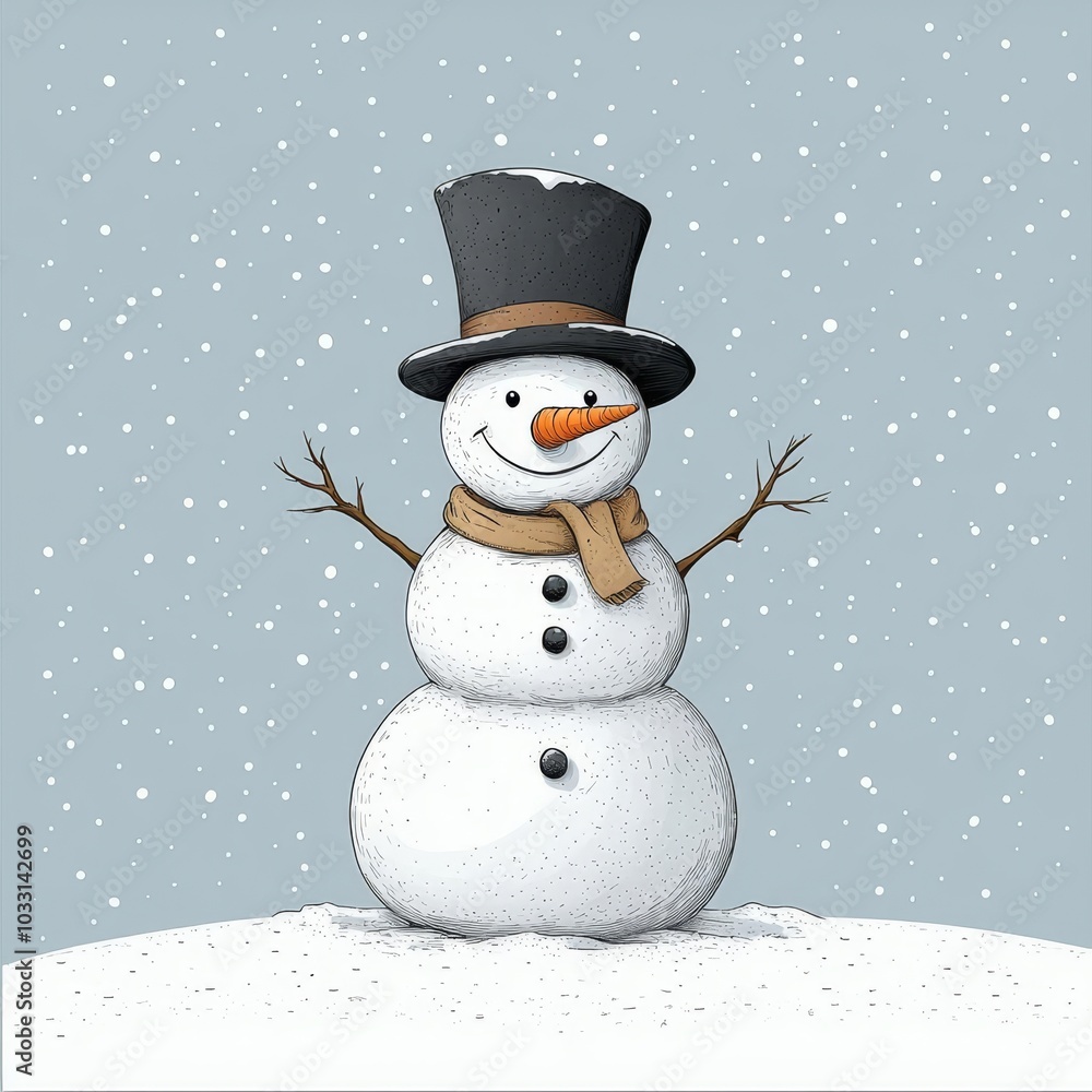 Cheerful snowman with a hat and scarf, snowy background Cheerful snowman with a hat and scarf, snowy background